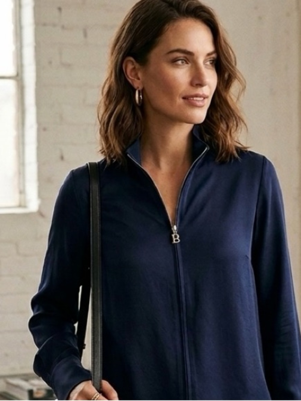 BOGNER Navy Blue Half-Zip S Mock Neck Blouse Pleated Balloon Sleeve